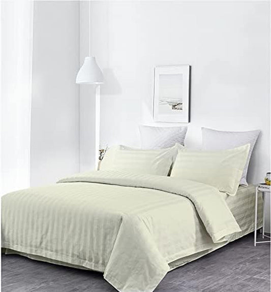 , Luxury Super Soft 100% Cotton Duvet Cover Pillowcases Fitted Sheet Set, Stripe, King, Ivory