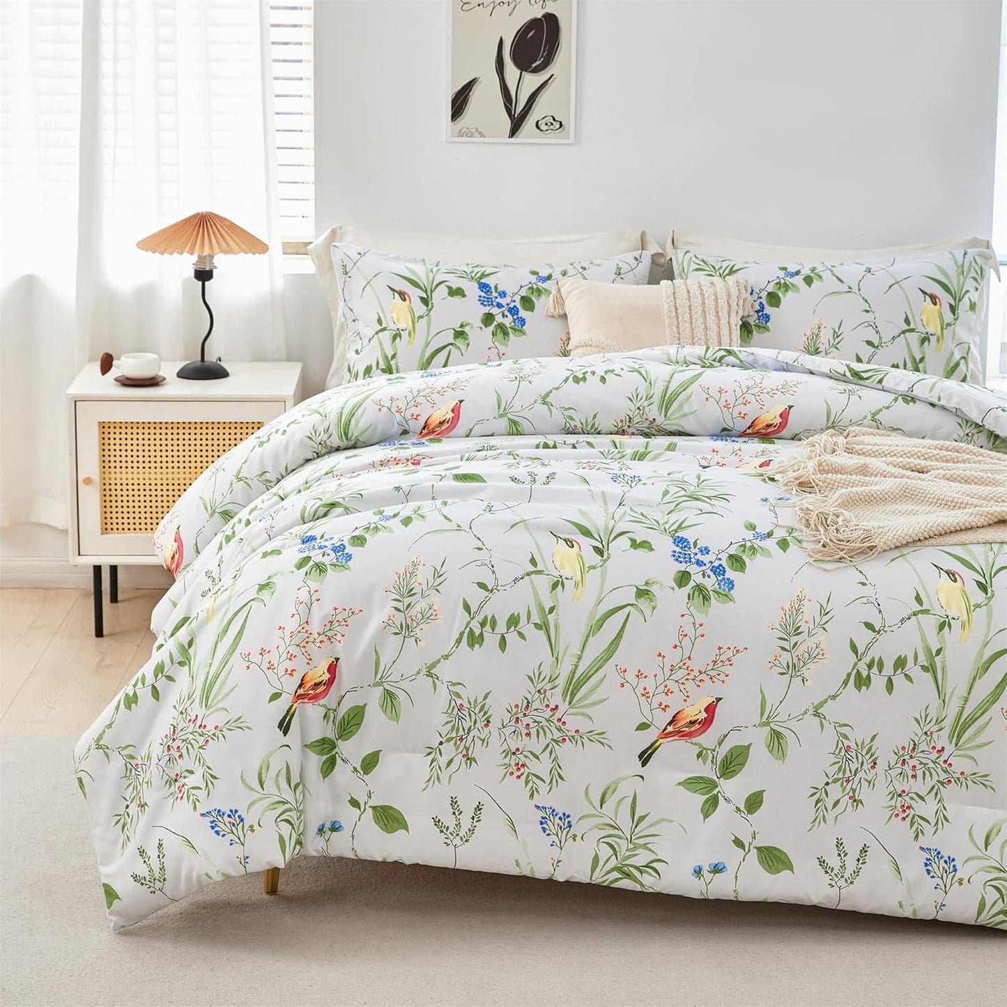 Birds Print Comforter Set Garden Style Floral Leaves Bedding Set Twin Size Soft Fluffy Microfiber Bed Sets Reversible Design (Green-White,Twin)