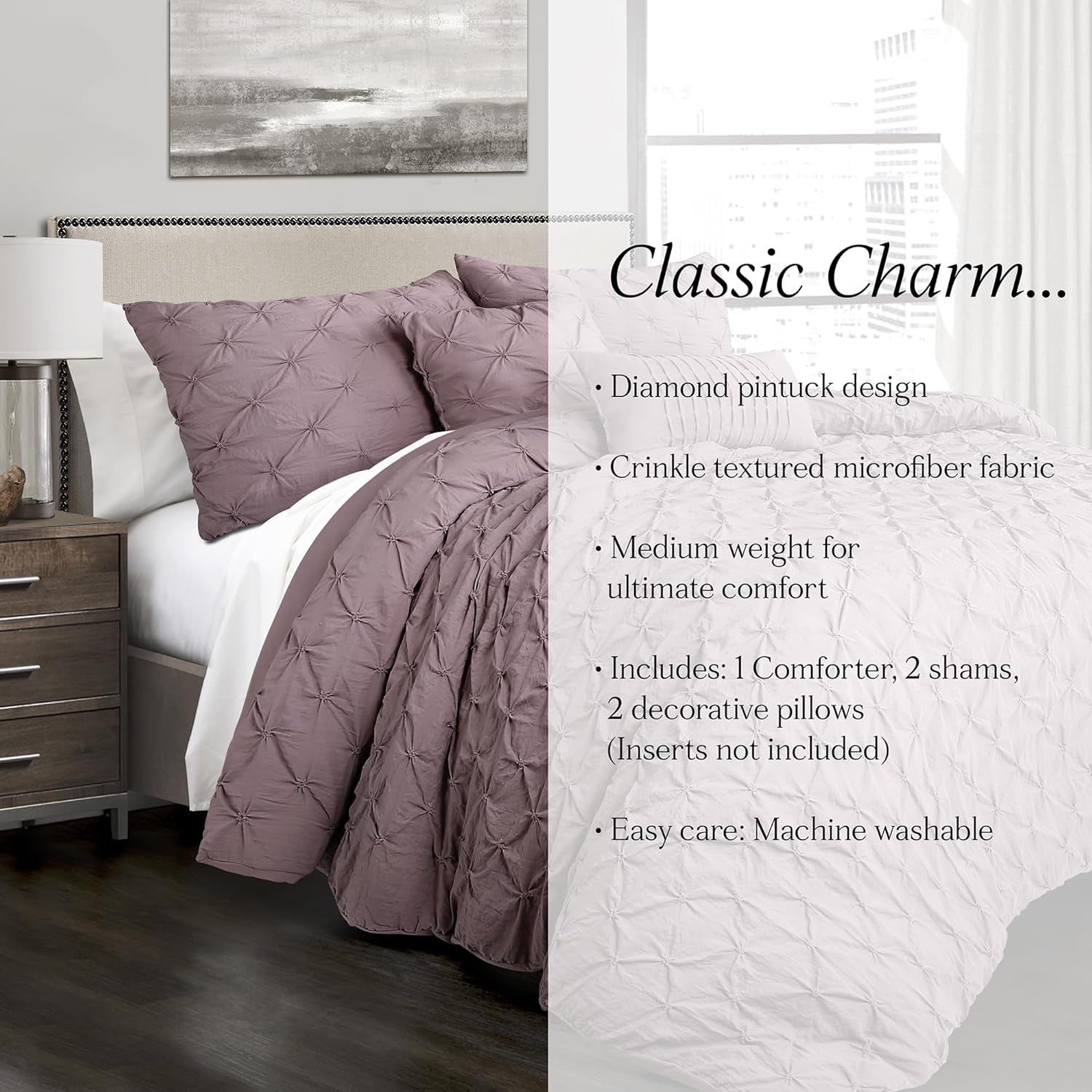 Ravello Pintuck Comforter Set - Luxe 5 Piece Textured Bedding Set - Traditional Glam & Farmhouse Inspired Bedroom Decor - Full/ Queen, Woodrose