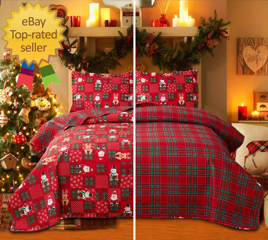 Christmas Quilt Set King Size Bedding Reversible Red Green Christmas Plaid Patch
