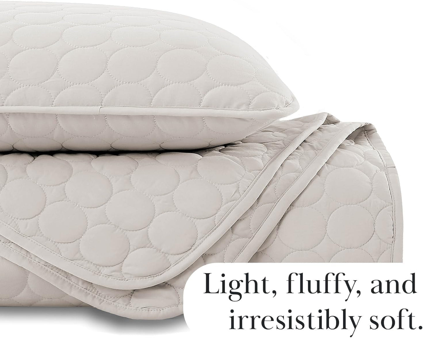 Quilted Summer Comforter, King Size Quilt Bedding Set with 2 Pillow Shams, Geometric Circle Design, Lightweight Bedspread, California/King Size Coverlet, Comfy Soft, Bone