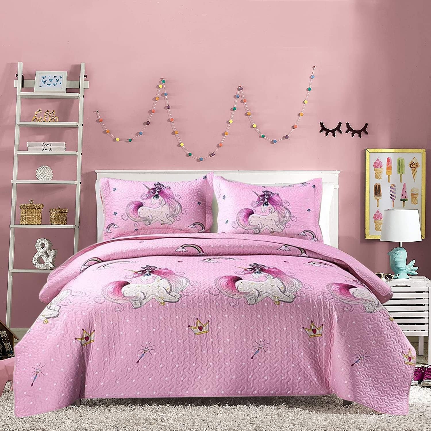 Quilt Set Twin Size Girls Bedding - Pink Unicorn Lightweight Reversible Quilts with Pillow Shams - Kids Bedspreads Coverlet