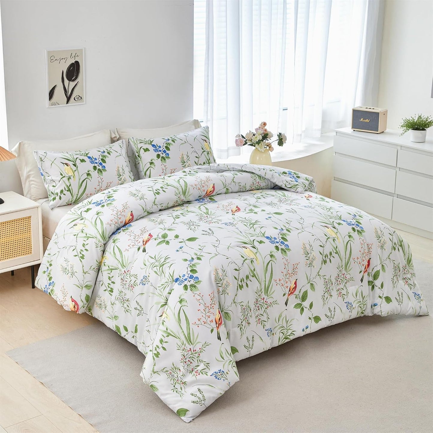 Birds Print Comforter Set Garden Style Floral Leaves Bedding Set Twin Size Soft Fluffy Microfiber Bed Sets Reversible Design (Green-White,Twin)