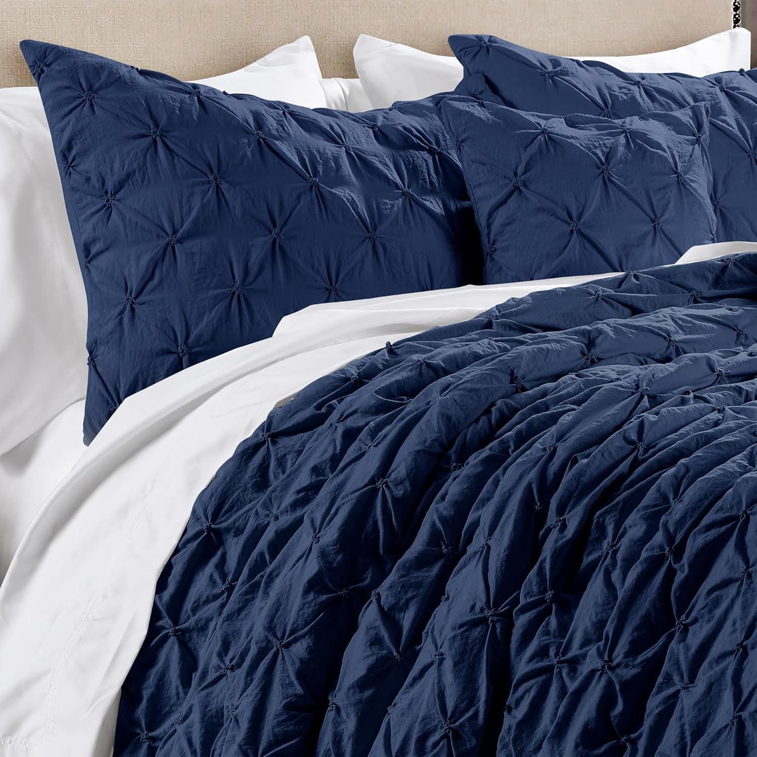 Ravello Pintuck Comforter Set - Luxe 5 Piece Textured Bedding Set - Traditional Glam & Farmhouse Inspired Bedroom Decor - Full/ Queen, Navy