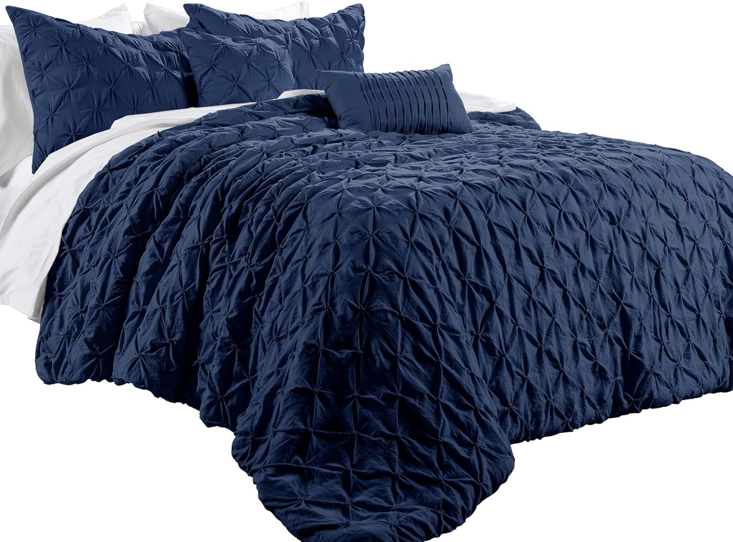Ravello Pintuck Comforter Set - Luxe 5 Piece Textured Bedding Set - Traditional Glam & Farmhouse Inspired Bedroom Decor - Full/ Queen, Navy