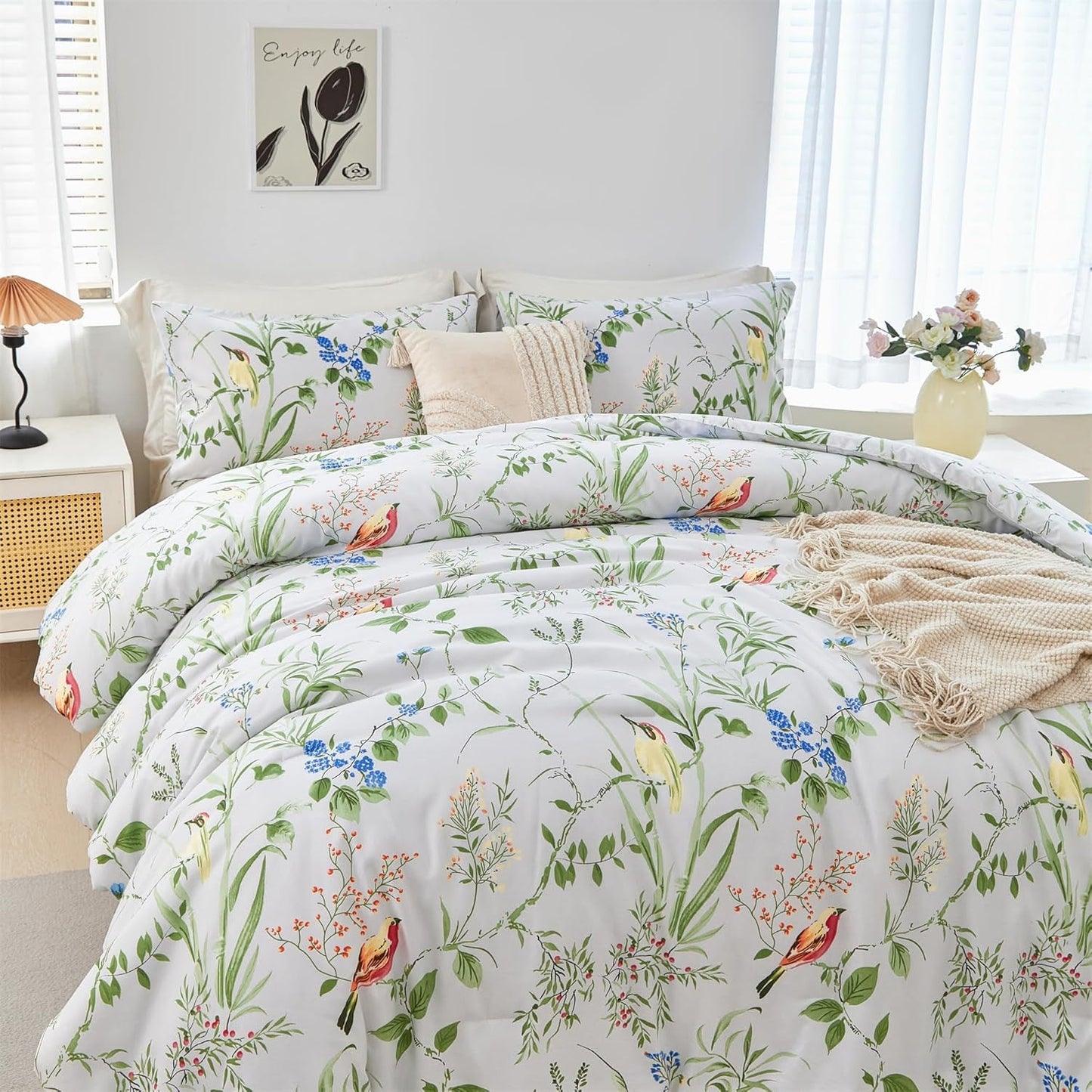 Birds Print Comforter Set Garden Style Floral Leaves Bedding Set Twin Size Soft Fluffy Microfiber Bed Sets Reversible Design (Green-White,Twin)