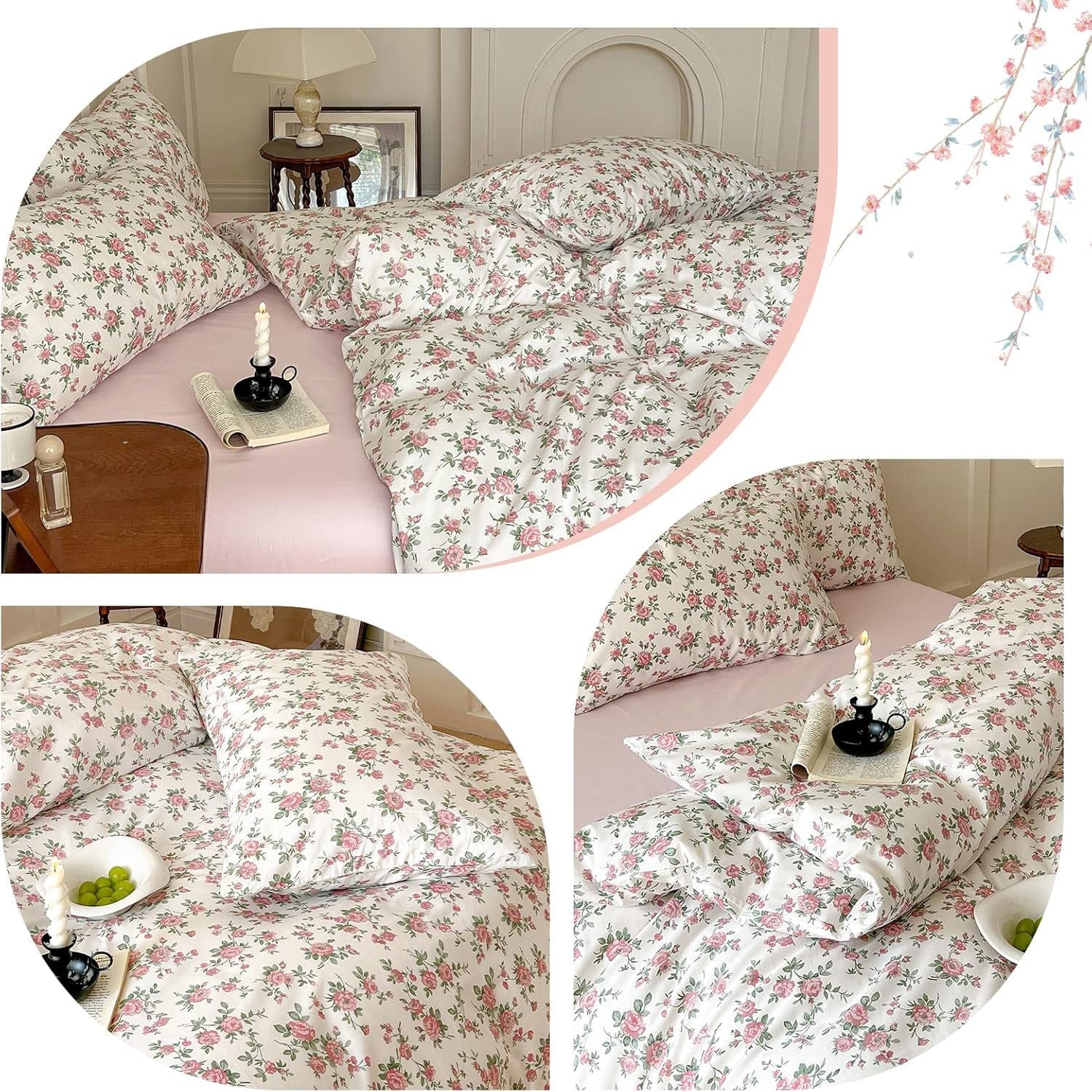 Girls Cotton Girl Bedding Sets Queen Little Flower Duvet Cover Set Queen Double Size 100% Cotton Floral Leaves Garden Bedding Collection for Teens Students Women