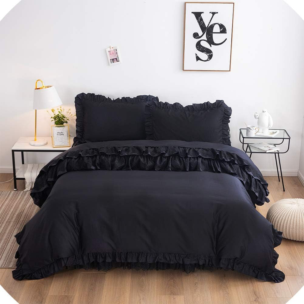 Black Queen 4 Piece 100% Cotton Shabby Vintage Chic Lace Duvet Cover Set Soft Dust Ruffle Mexico Bed Skirt Farmhouse Bedding
