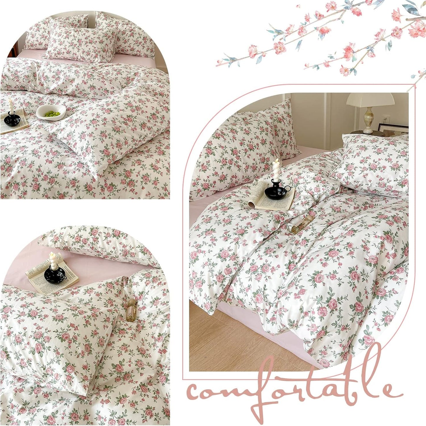 Floral Duvet Cover Set Twin Size Kids Pink 100% Cotton Aesthetic Bedding Sets Girl Women 3 Pieces Floral Branch Comforter Cover with Zipper Ties Garden Bedding Cover