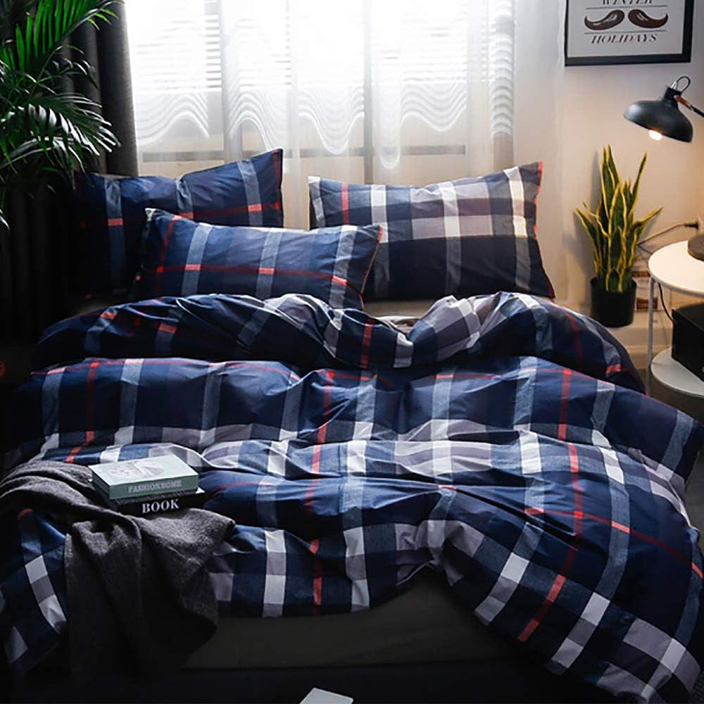 Navy Blue Plaid Comforter Set - Queen Size Teen Boys Bedding with Dark Blue & White Grid Comforter, Buffalo Plaid, Tartan Checkered & Gingham Pattern