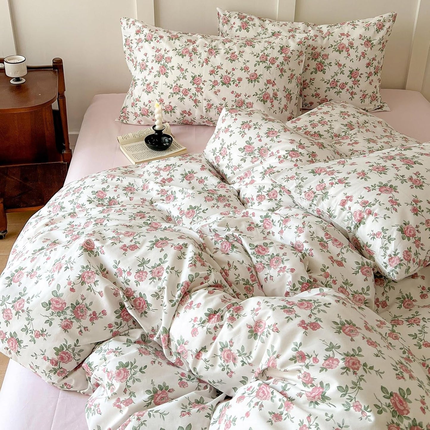 Girls Cotton Girl Bedding Sets Queen Little Flower Duvet Cover Set Queen Double Size 100% Cotton Floral Leaves Garden Bedding Collection for Teens Students Women
