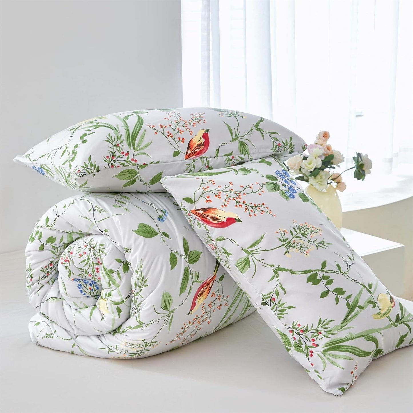 Birds Print Comforter Set Garden Style Floral Leaves Bedding Set Twin Size Soft Fluffy Microfiber Bed Sets Reversible Design (Green-White,Twin)