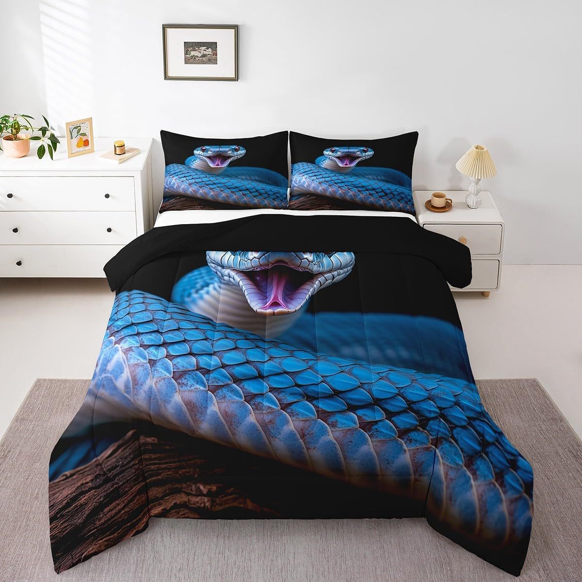 Snake Comforter Set, 3D Reptile Print Bedding Comforter, Modern Wild Animal Fashion Quilted Duvet, Full Size
