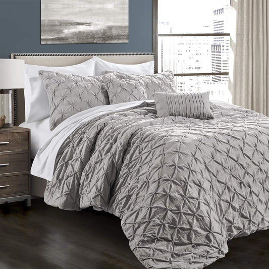 Ravello Pintuck Comforter Set - Luxe 5 Piece Textured Bedding Set - Traditional Glam & Farmhouse Inspired Bedroom Decor - Full/ Queen, Light Gray