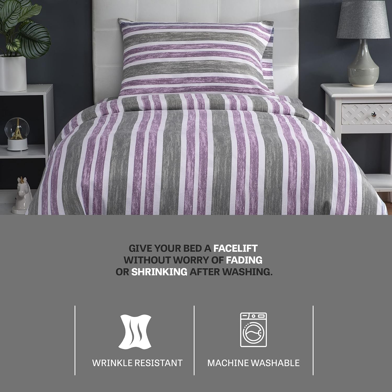 Twin Size Bedding | Duvet Cover | 6 Piece Set | Comforter Cover | Bed Sheet | Pillow Cover | Soft Cotton Blend | Machine Washable | Designed | Cabana Stripe Lilac