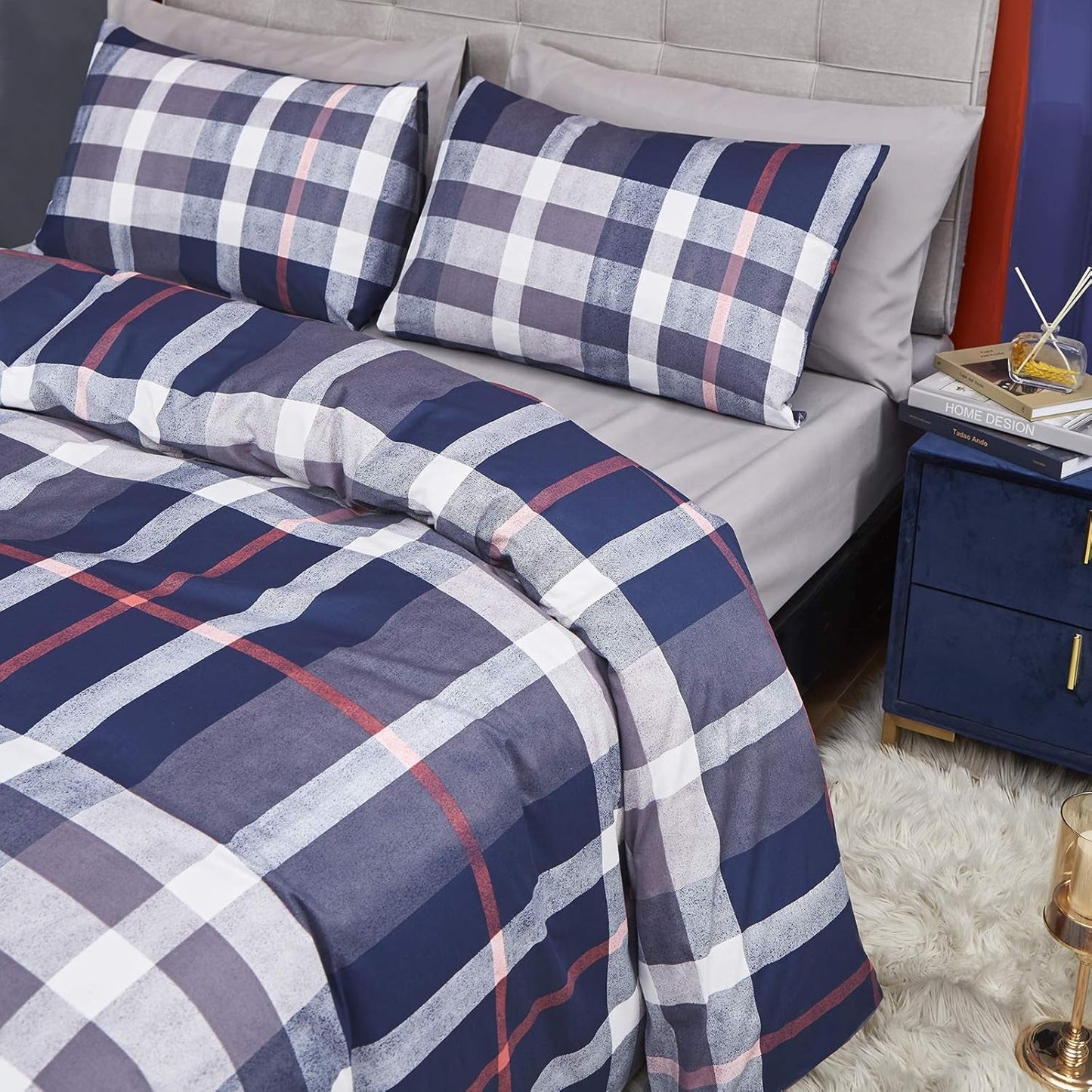 Queen Duvet Cover Set Blue Plaid 3Pcs Tartan Bedding Sets Geometric Bedding Duvet Cover Sets Checker Buffalo Bedding with 2 X Pillow Cases