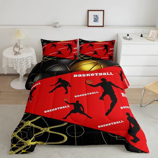 Baseketball Comforter Set Full,Basketball Bedding Set Teens Youth,Hippie Sports Player Sketch Duvet Insert,Ball Game Court Quilt Comforter with 2 Pillowcases Lightweight