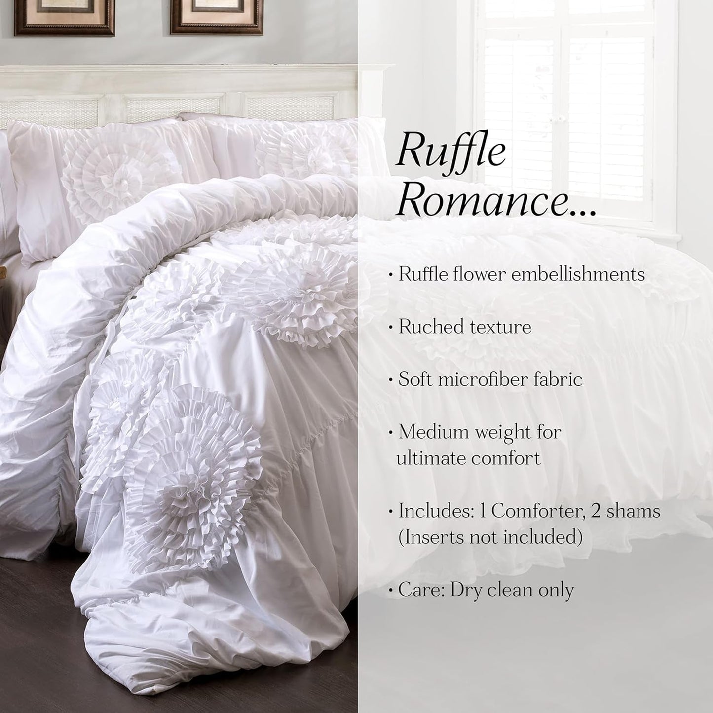 Lush D¨¦cor Serena 3 Piece Ruched Flower Comforter Set - White - Full/Queen