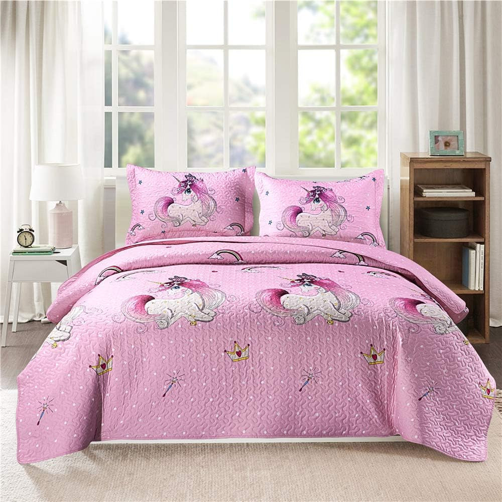 Quilt Set Twin Size Girls Bedding - Pink Unicorn Lightweight Reversible Quilts with Pillow Shams - Kids Bedspreads Coverlet