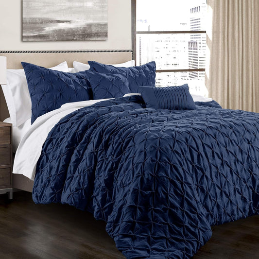Ravello Pintuck Comforter Set - Luxe 5 Piece Textured Bedding Set - Traditional Glam & Farmhouse Inspired Bedroom Decor - Full/ Queen, Navy