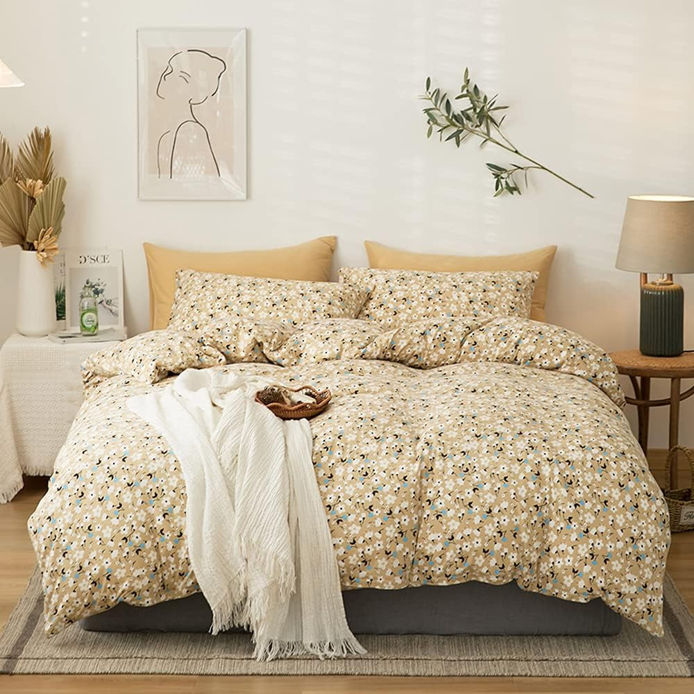 Jersey Knit Cotton Floral Bedding Sets Yellow King Duvet Cover Cotton Comforter Cover Garden Bedding Sets 3 Piece Comfy T-Shirt Garden Flowers Bedroom Collections King Size