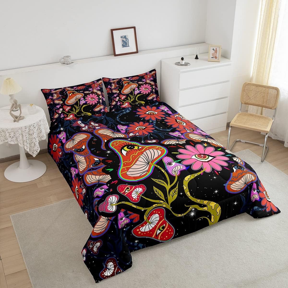 Mushroom Bedding Set King Women Trippy Cute Flowers Comforter Set Colorful Hippy Quilted Comforter Black Botanical Theme Eyes 3D Galaxy Pattern Printed Quilt Duvet Soft Warm