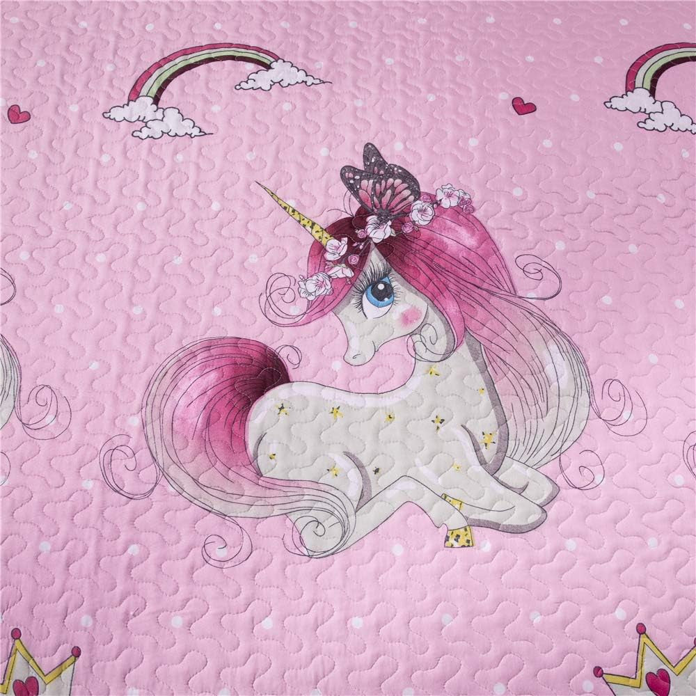 Quilt Set Twin Size Girls Bedding - Pink Unicorn Lightweight Reversible Quilts with Pillow Shams - Kids Bedspreads Coverlet
