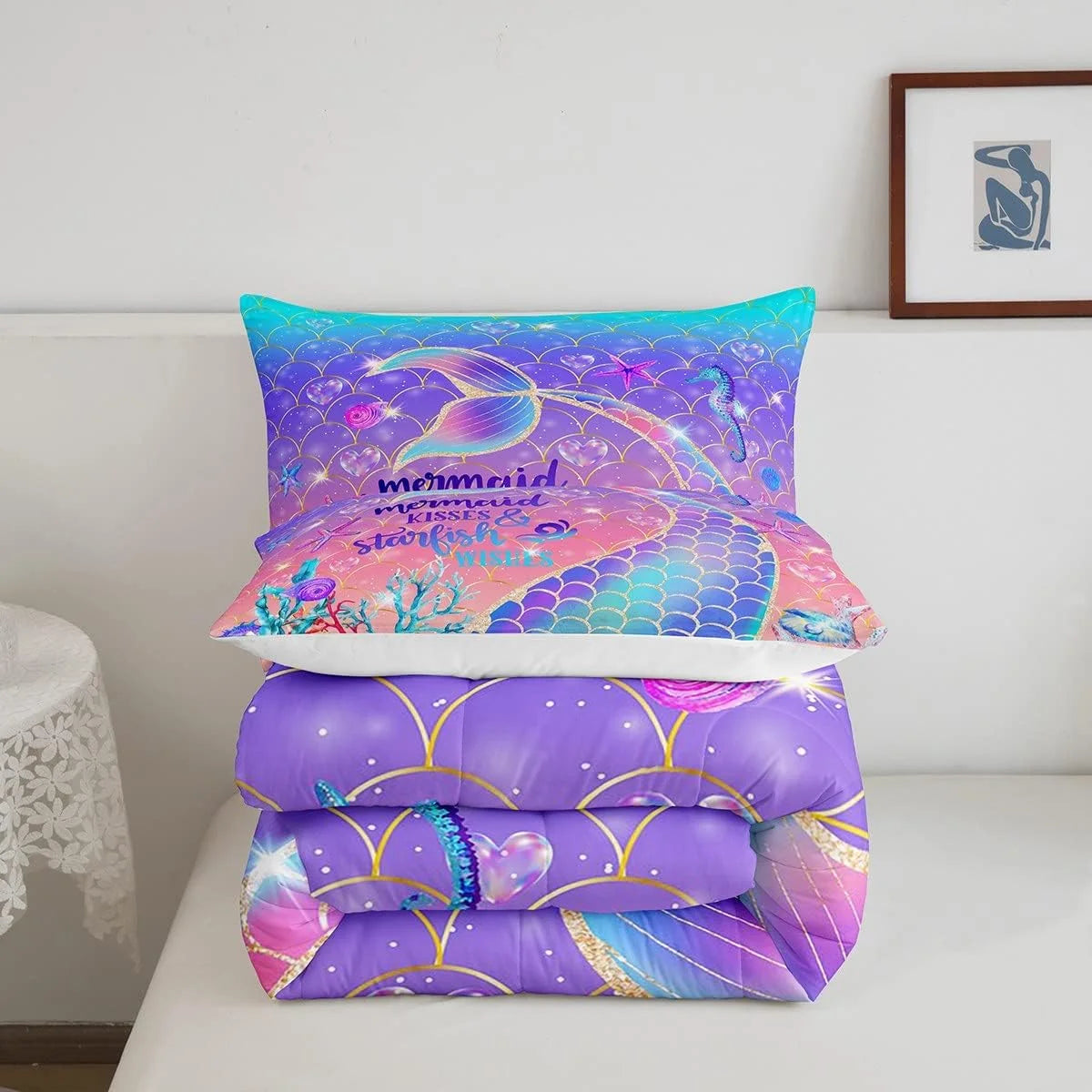 Mermaid Tail Comforter Set ,Mermaid Bedding Set King,Cartoon Mermaid Quilt Set ,Glitter Nautical Rainbow Ombre Sea Animal Duvet Insert with 2 Pillow Shams Ultra Warm