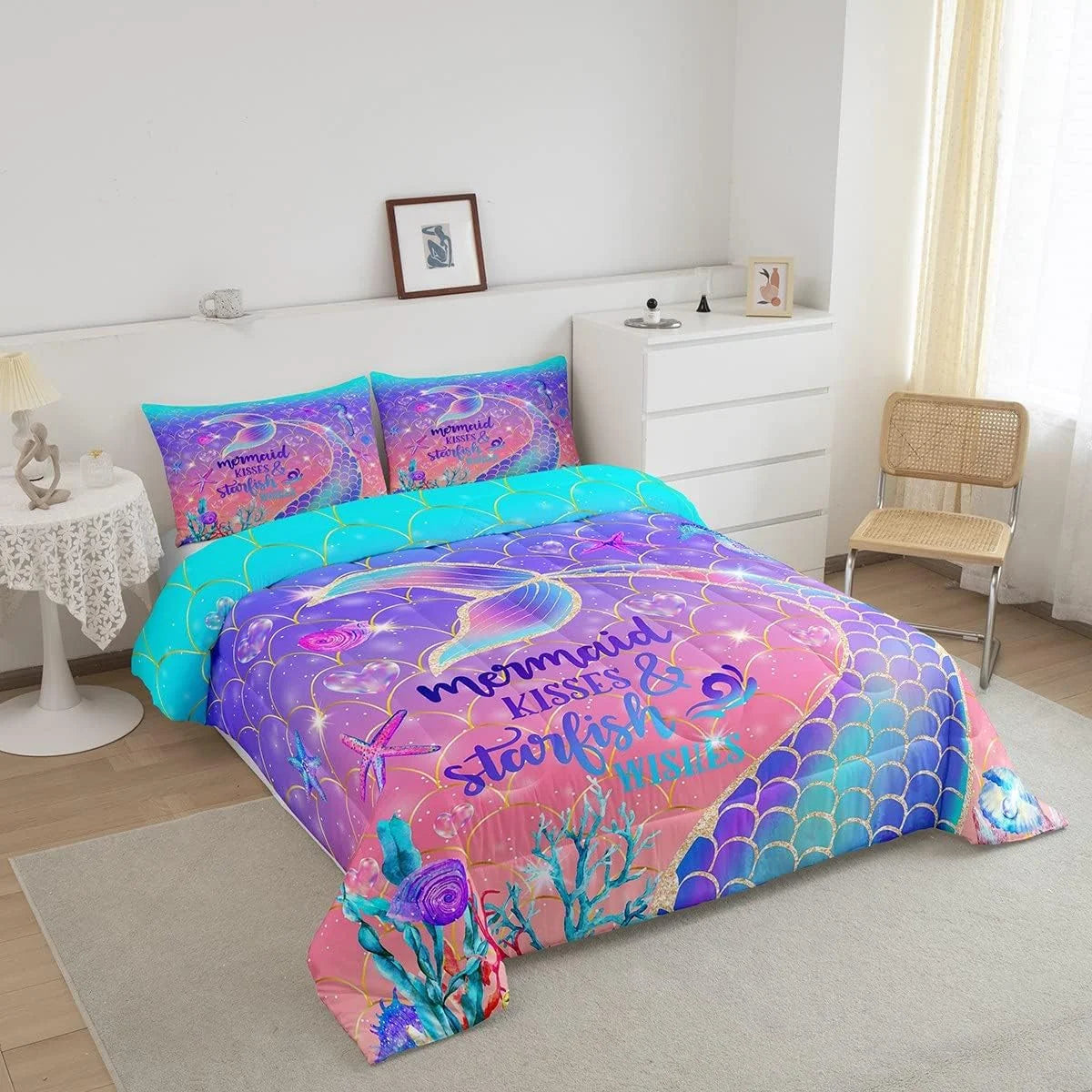 Mermaid Tail Comforter Set ,Mermaid Bedding Set King,Cartoon Mermaid Quilt Set ,Glitter Nautical Rainbow Ombre Sea Animal Duvet Insert with 2 Pillow Shams Ultra Warm