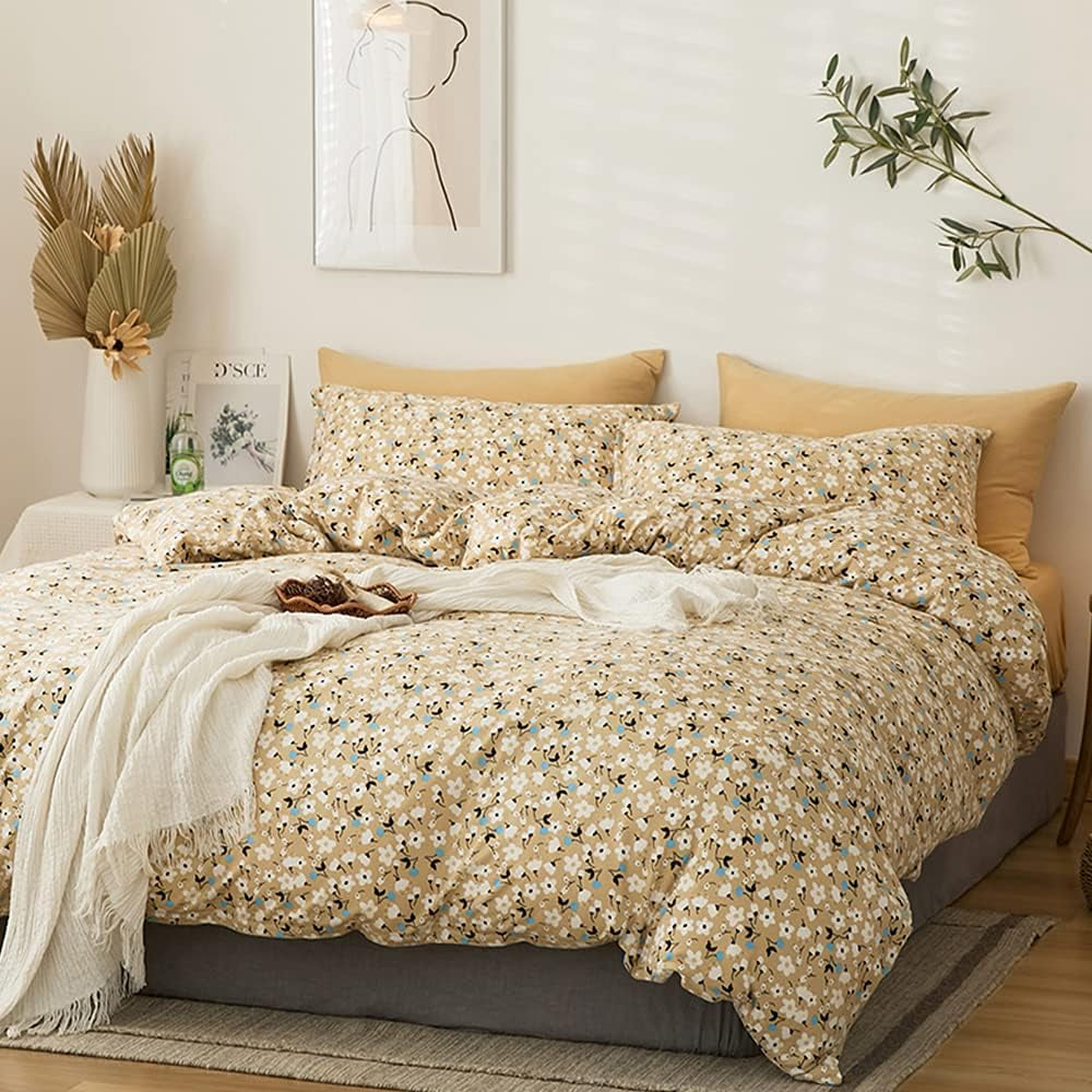 Jersey Knit Cotton Floral Bedding Sets Yellow King Duvet Cover Cotton Comforter Cover Garden Bedding Sets 3 Piece Comfy T-Shirt Garden Flowers Bedroom Collections King Size