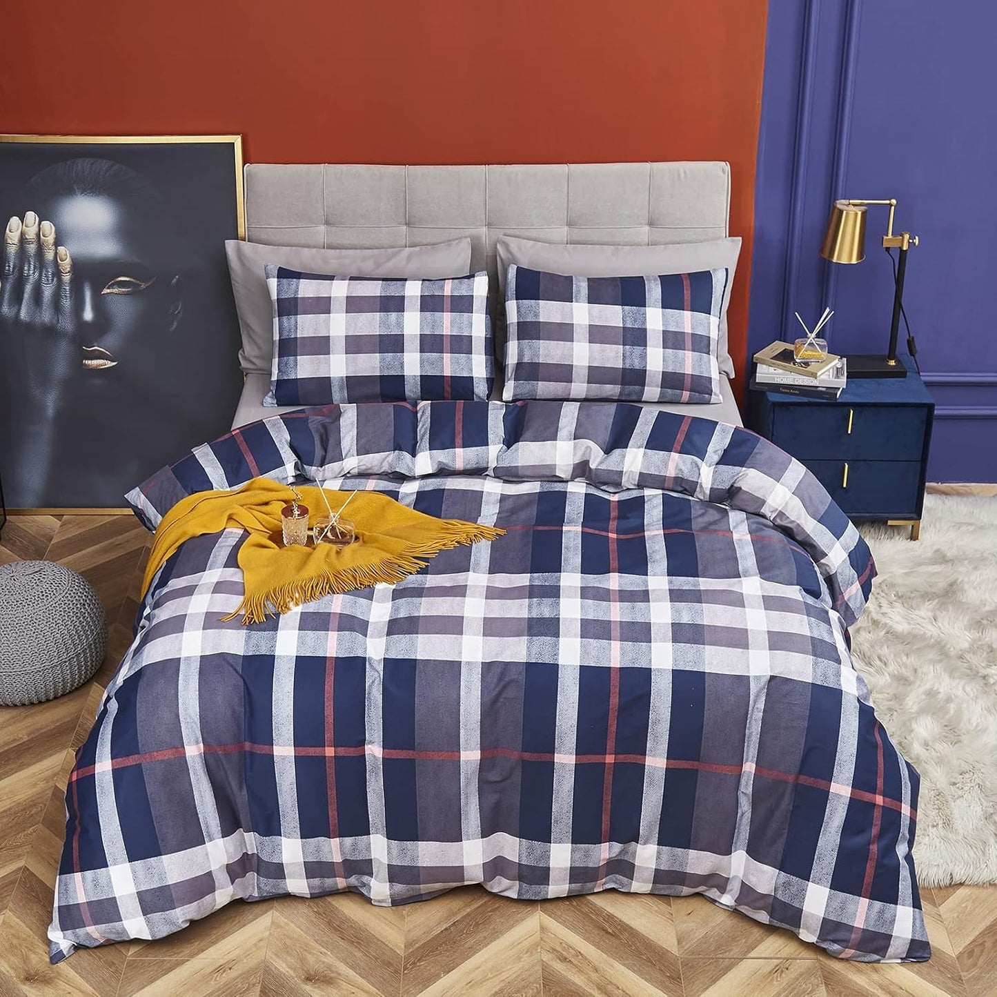 Queen Duvet Cover Set Blue Plaid 3Pcs Tartan Bedding Sets Geometric Bedding Duvet Cover Sets Checker Buffalo Bedding with 2 X Pillow Cases