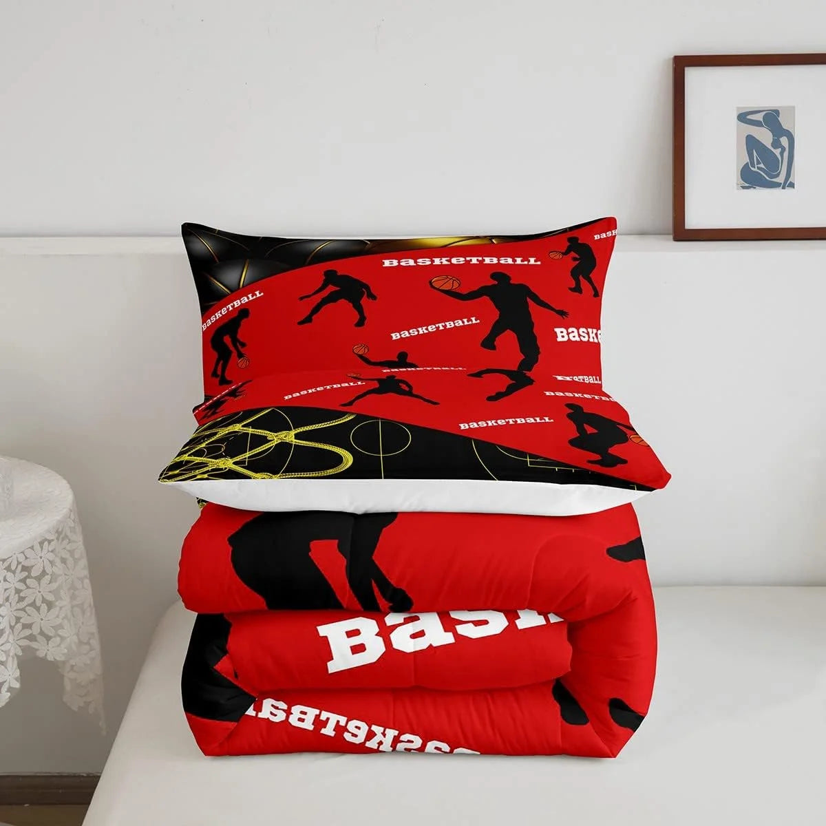 Baseketball Comforter Set Full,Basketball Bedding Set Teens Youth,Hippie Sports Player Sketch Duvet Insert,Ball Game Court Quilt Comforter with 2 Pillowcases Lightweight