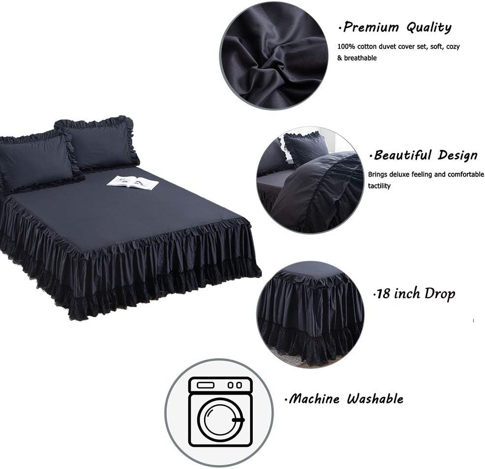 Black Queen 4 Piece 100% Cotton Shabby Vintage Chic Lace Duvet Cover Set Soft Dust Ruffle Mexico Bed Skirt Farmhouse Bedding