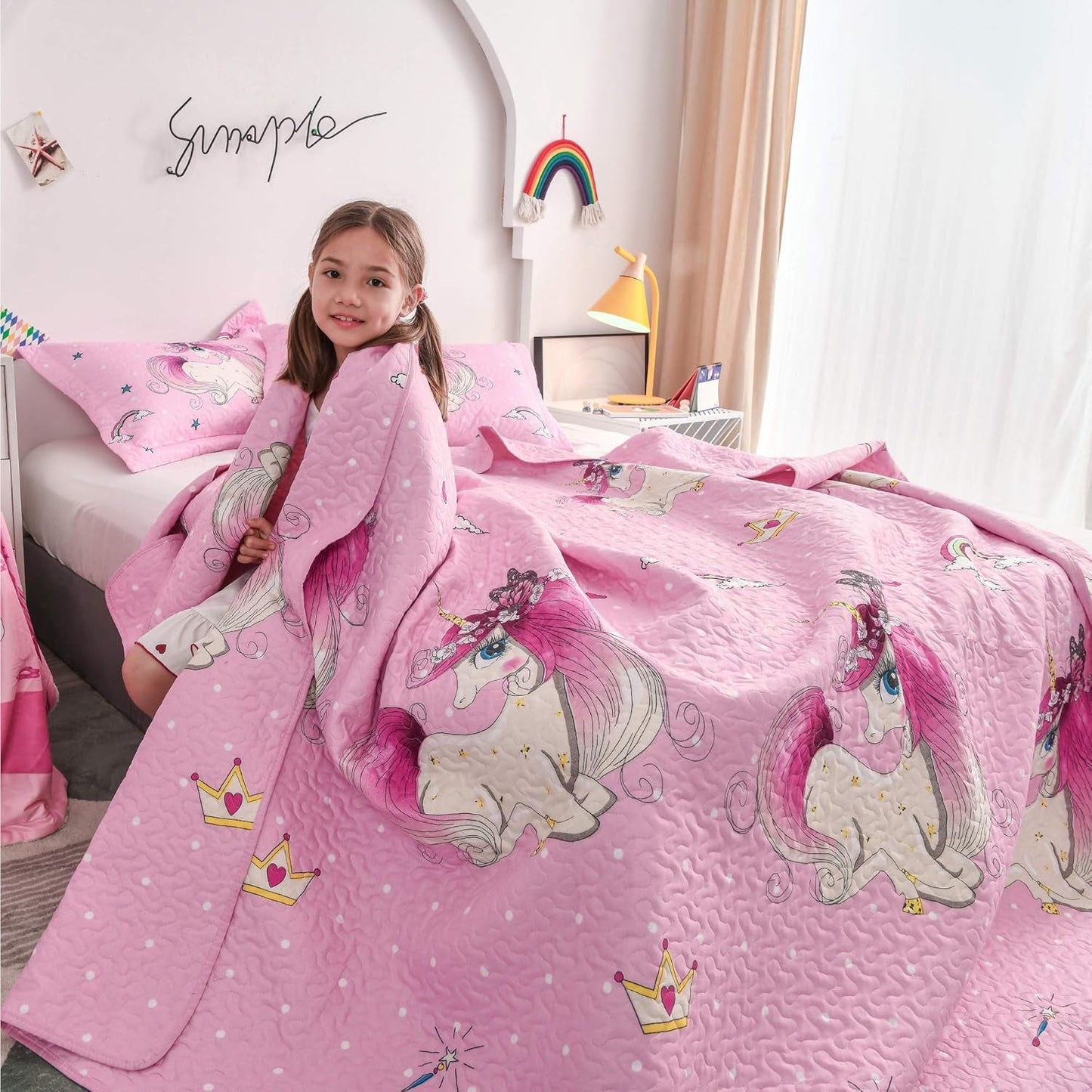 Quilt Set Twin Size Girls Bedding - Pink Unicorn Lightweight Reversible Quilts with Pillow Shams - Kids Bedspreads Coverlet