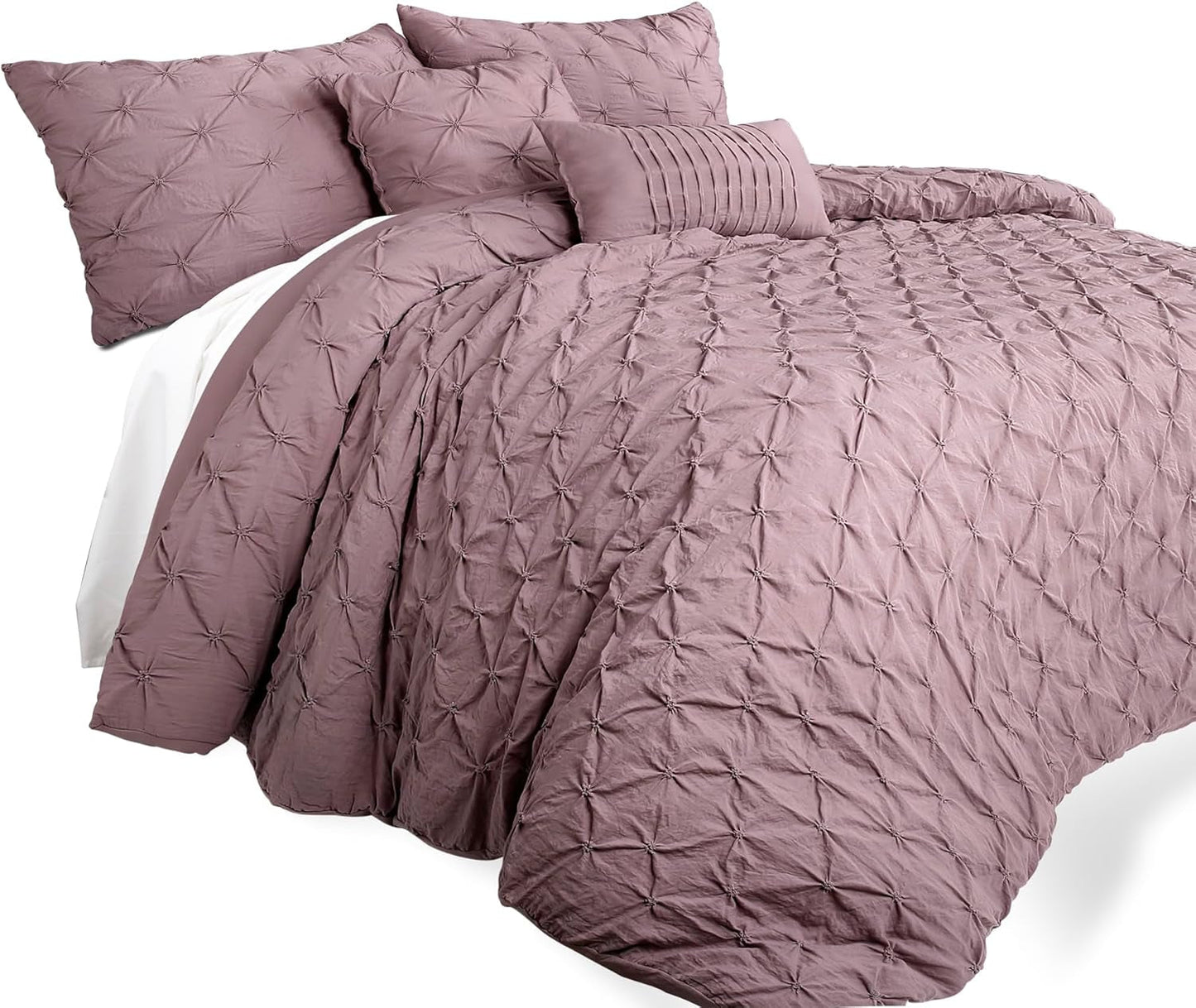 Ravello Pintuck Comforter Set - Luxe 5 Piece Textured Bedding Set - Traditional Glam & Farmhouse Inspired Bedroom Decor - Full/ Queen, Woodrose