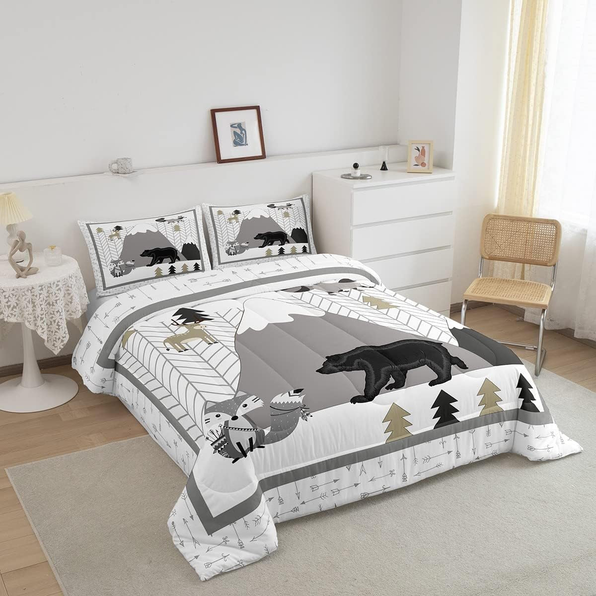 Cute Animals Comforter Set Cartoon Fox Bear Bedding Set Women Adults Mountains and Trees Comforter Cartoon Quilted Duvet Set Bedroom Collection Twin Size