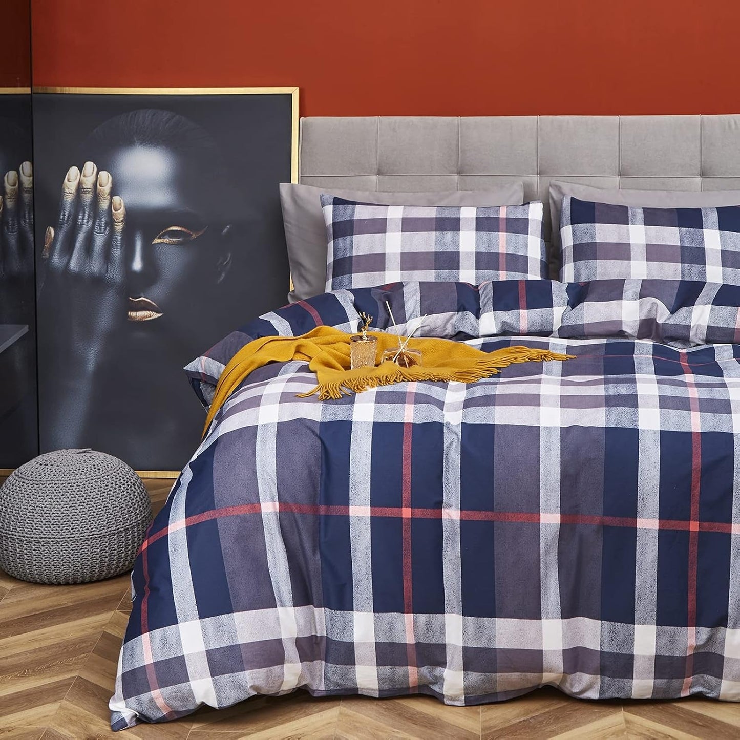 Queen Duvet Cover Set Blue Plaid 3Pcs Tartan Bedding Sets Geometric Bedding Duvet Cover Sets Checker Buffalo Bedding with 2 X Pillow Cases