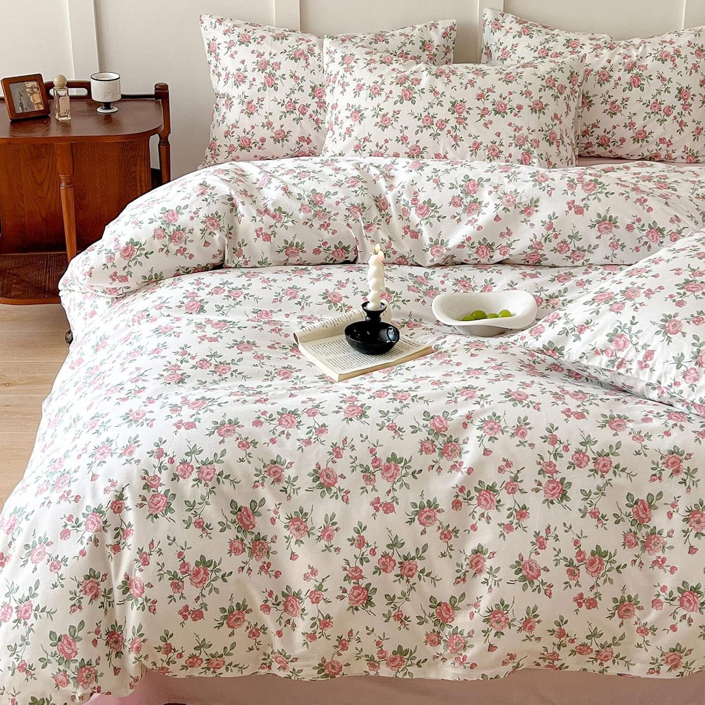 Girls Cotton Girl Bedding Sets Queen Little Flower Duvet Cover Set Queen Double Size 100% Cotton Floral Leaves Garden Bedding Collection for Teens Students Women