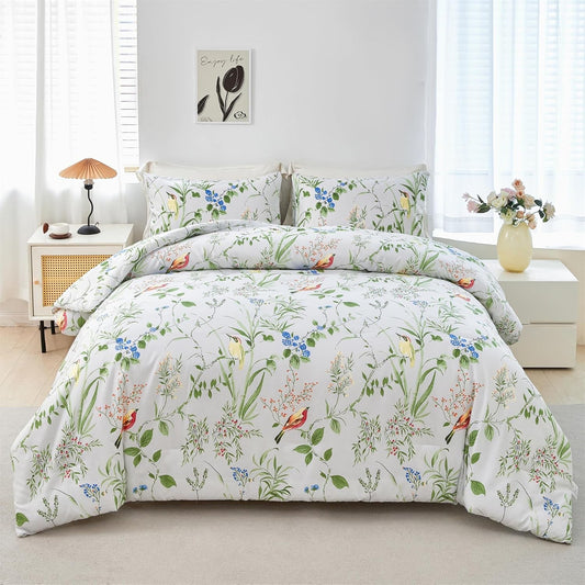 Birds Print Comforter Set Garden Style Floral Leaves Bedding Set Twin Size Soft Fluffy Microfiber Bed Sets Reversible Design (Green-White,Twin)