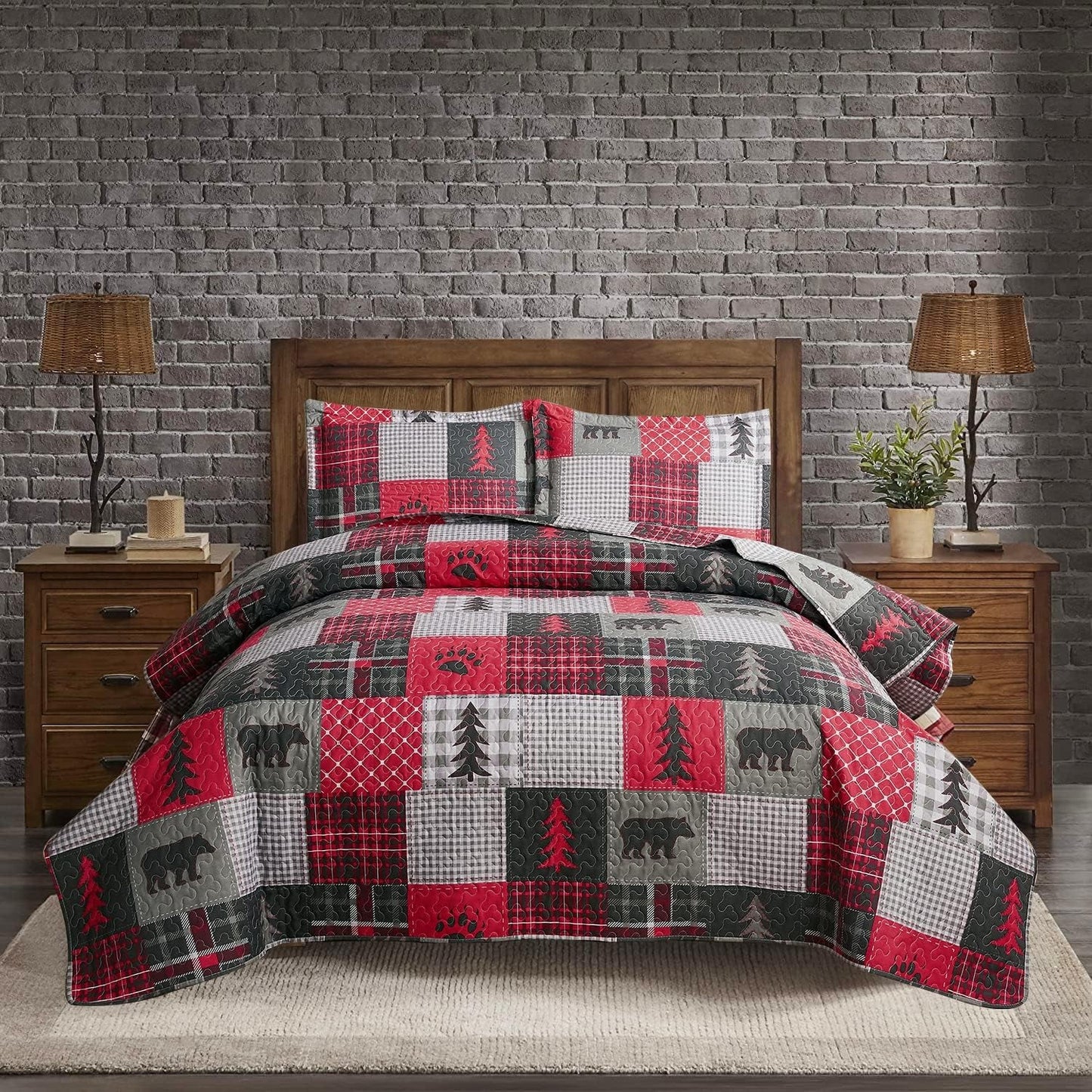 Rustic Queen Size Quilt Set - Plaid Country Patchwork Bedding, Reversible Quilts - Lightweight Bedspread