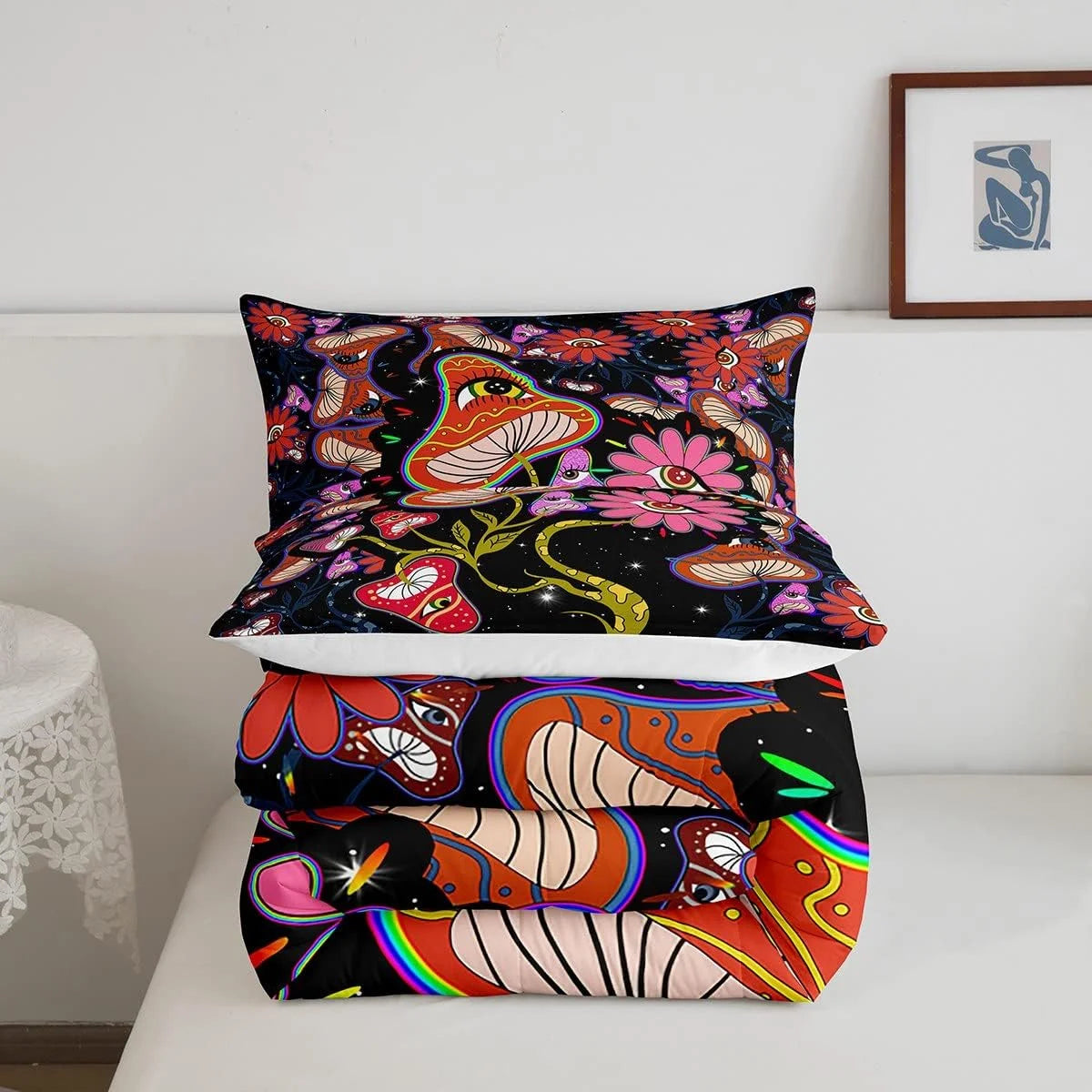 Mushroom Bedding Set King Women Trippy Cute Flowers Comforter Set Colorful Hippy Quilted Comforter Black Botanical Theme Eyes 3D Galaxy Pattern Printed Quilt Duvet Soft Warm