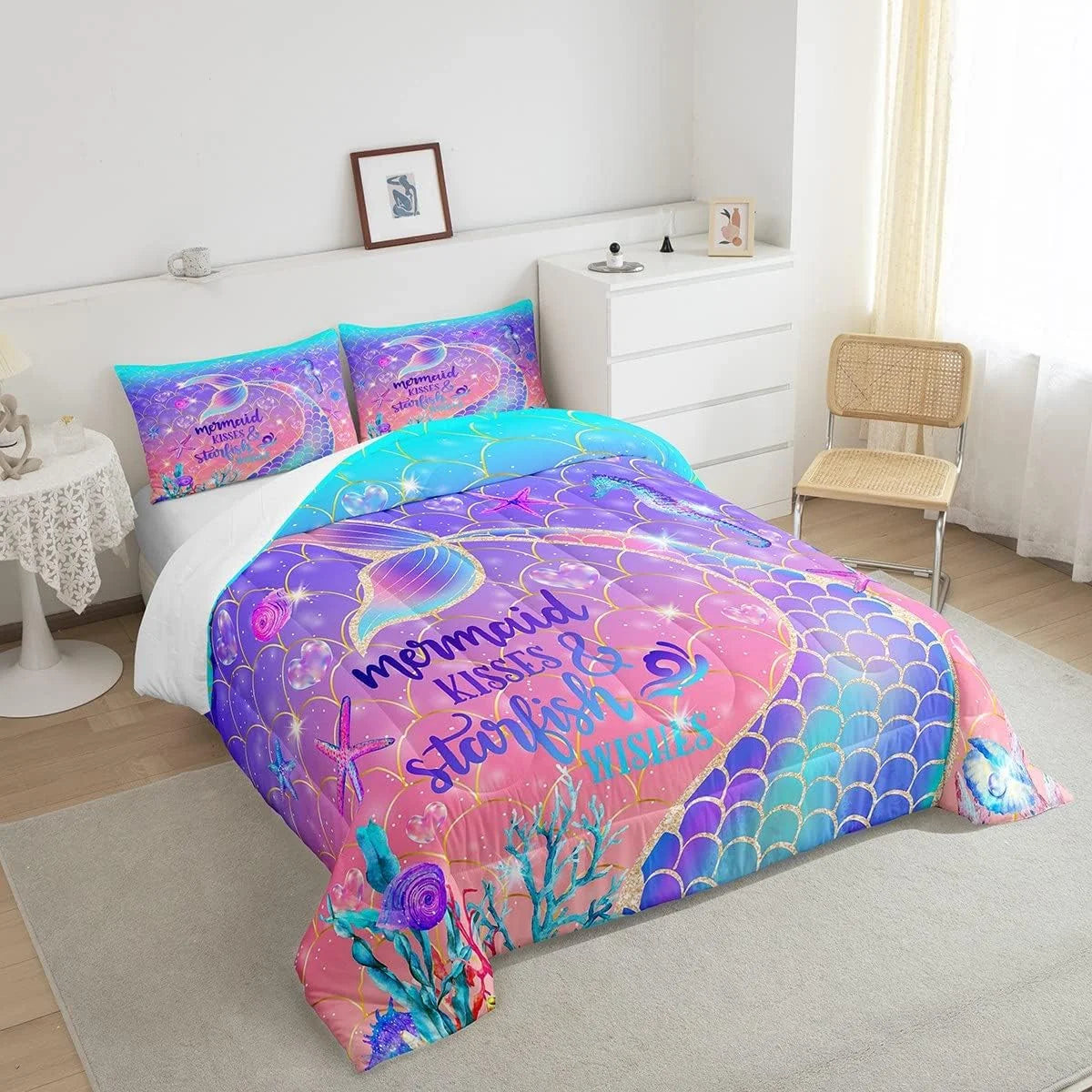 Mermaid Tail Comforter Set ,Mermaid Bedding Set King,Cartoon Mermaid Quilt Set ,Glitter Nautical Rainbow Ombre Sea Animal Duvet Insert with 2 Pillow Shams Ultra Warm