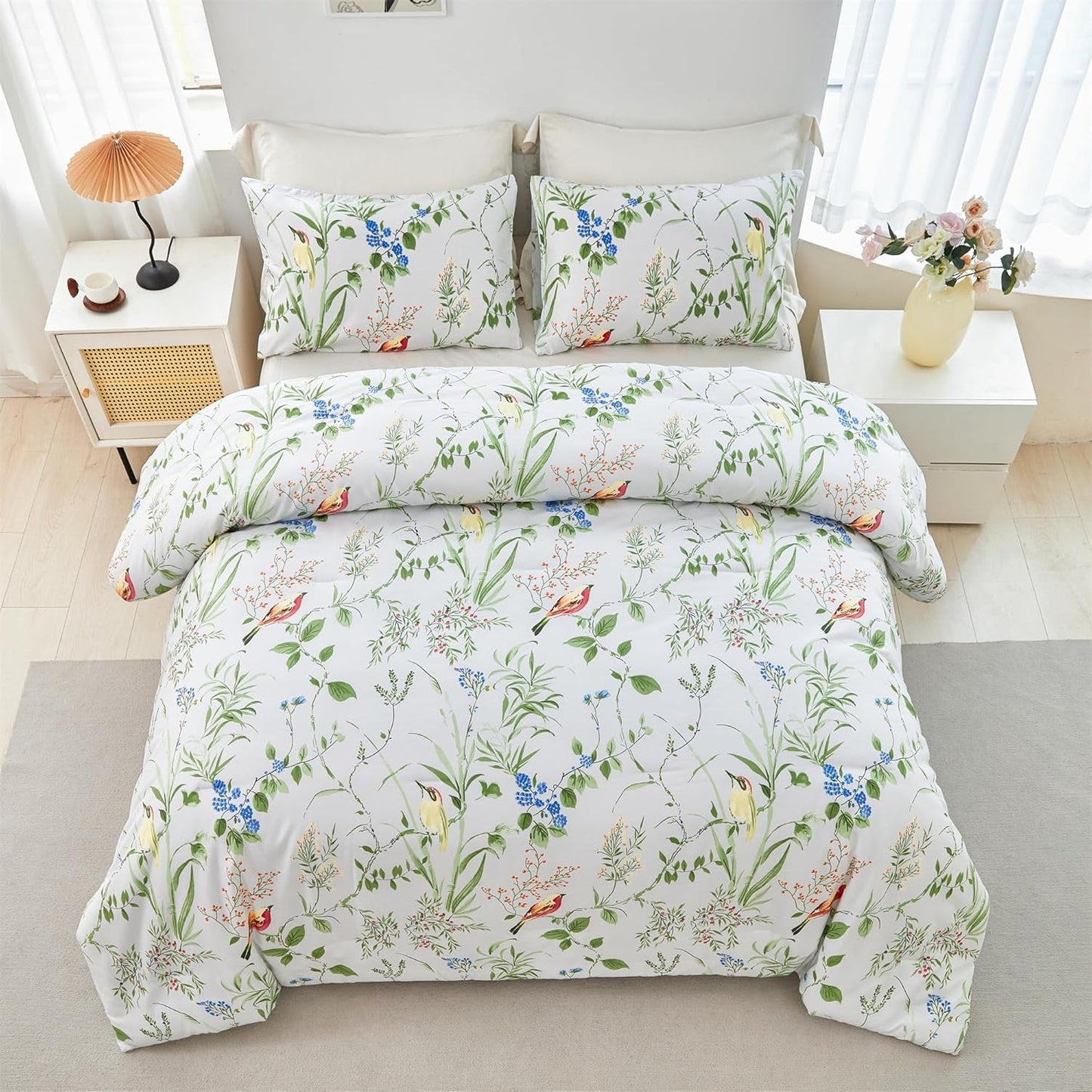 Birds Print Comforter Set Garden Style Floral Leaves Bedding Set Twin Size Soft Fluffy Microfiber Bed Sets Reversible Design (Green-White,Twin)