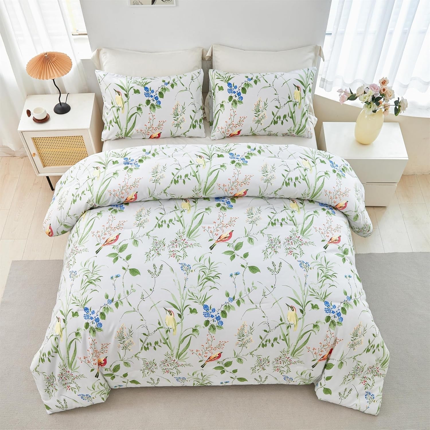 Birds Print Comforter Set Garden Style Floral Leaves Bedding Set Twin Size Soft Fluffy Microfiber Bed Sets Reversible Design (Green-White,Twin)