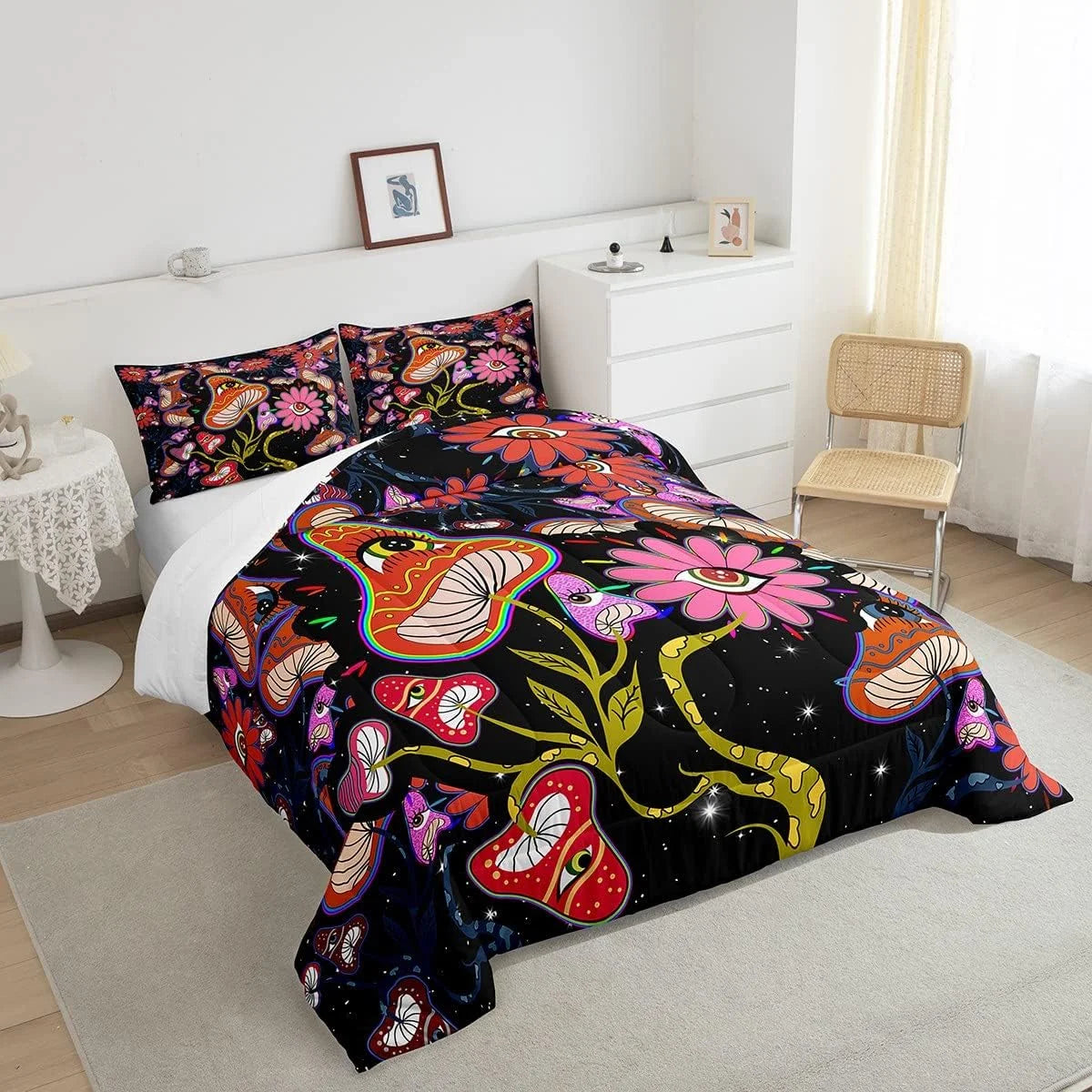 Mushroom Bedding Set King Women Trippy Cute Flowers Comforter Set Colorful Hippy Quilted Comforter Black Botanical Theme Eyes 3D Galaxy Pattern Printed Quilt Duvet Soft Warm
