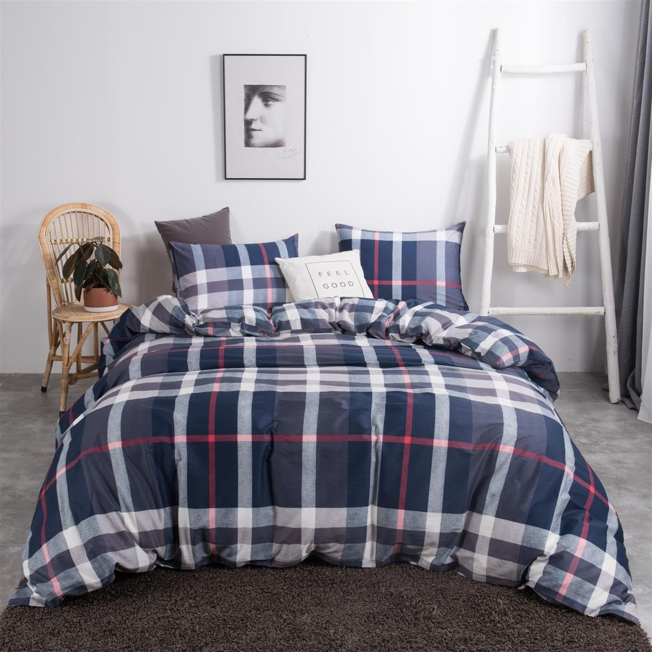 Queen Duvet Cover Set Blue Plaid 3Pcs Tartan Bedding Sets Geometric Bedding Duvet Cover Sets Checker Buffalo Bedding with 2 X Pillow Cases
