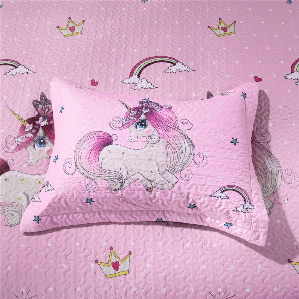 Quilt Set Twin Size Girls Bedding - Pink Unicorn Lightweight Reversible Quilts with Pillow Shams - Kids Bedspreads Coverlet