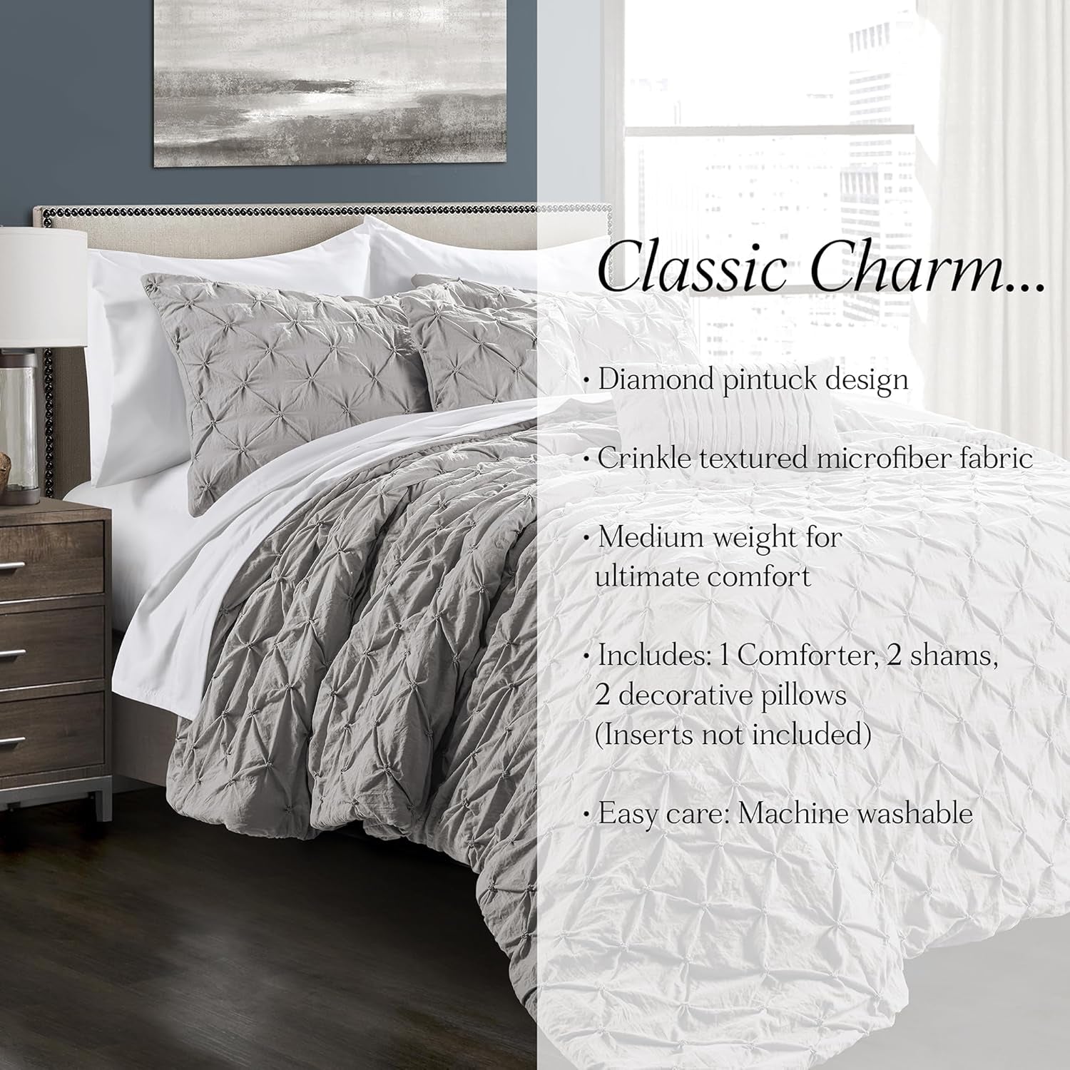 Ravello Pintuck Comforter Set - Luxe 5 Piece Textured Bedding Set - Traditional Glam & Farmhouse Inspired Bedroom Decor - Full/ Queen, Light Gray