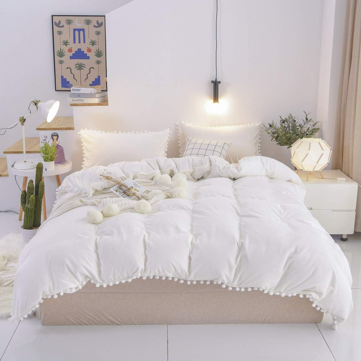 White Pom Pom Bedding Velvet Flannel Duvet Cover Twin Girls Duvet Cover Baby Teen 3 Pcs Vintage Farmhouse Boho Quilt Cover Bohemian with Hidden Zipper Closure