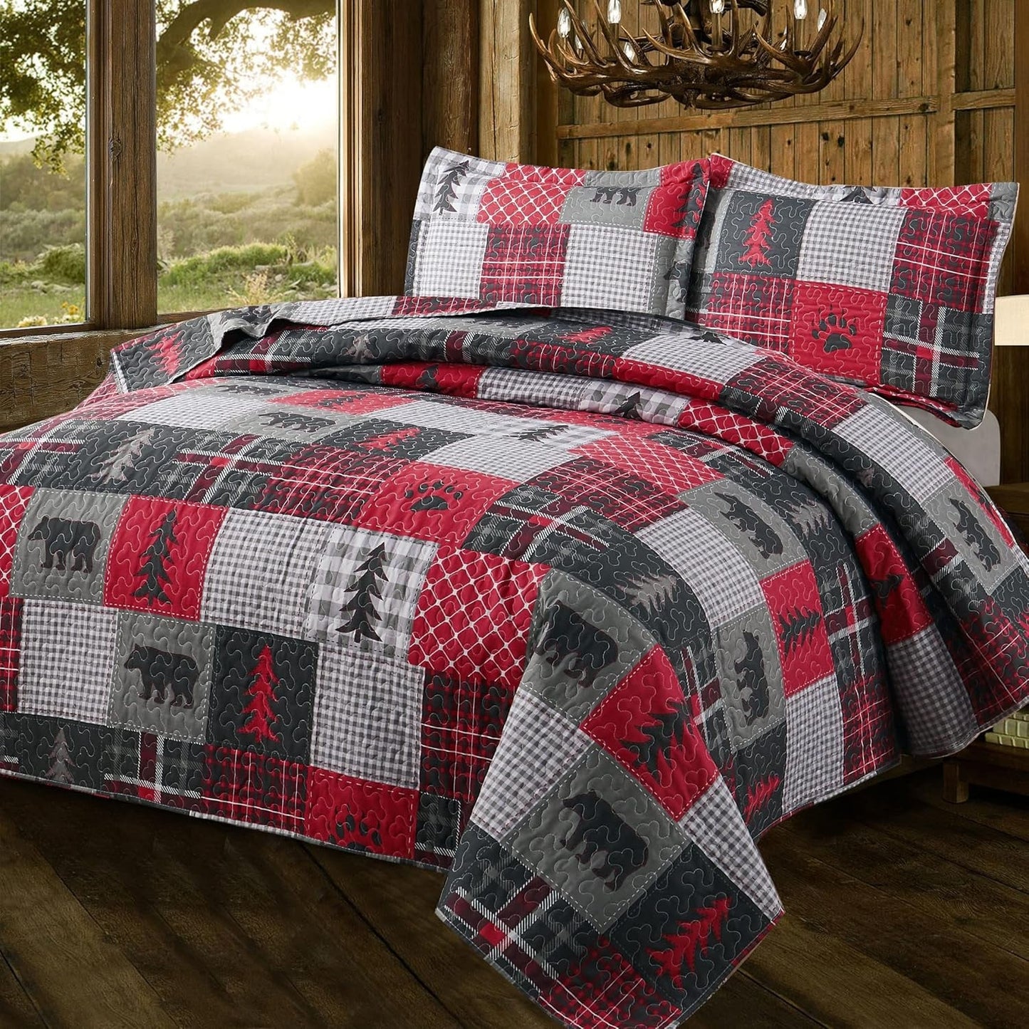 Rustic Queen Size Quilt Set - Plaid Country Patchwork Bedding, Reversible Quilts - Lightweight Bedspread